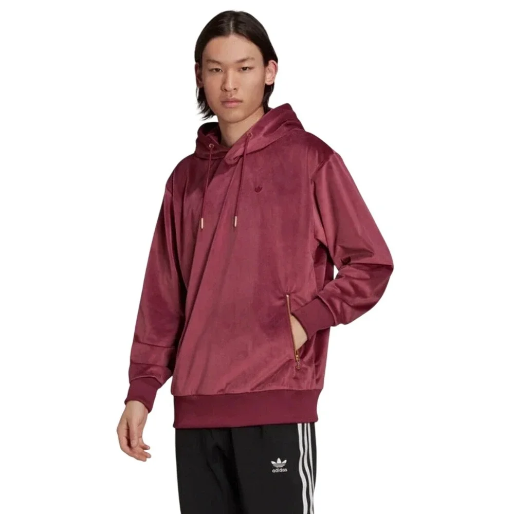 Adidas Velour Hoodie Small Maroon Trefoil Gold Zip Recycled Polyester